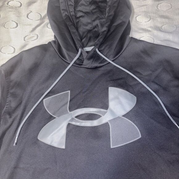 Under Armour ColdGear Hoodie Mens Large Black Gray Logo Fleece Pullover - Picture 2 of 6